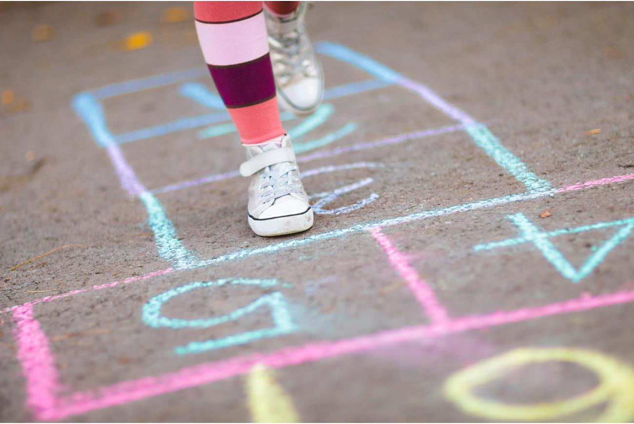 Hopscotch grid on the floor.