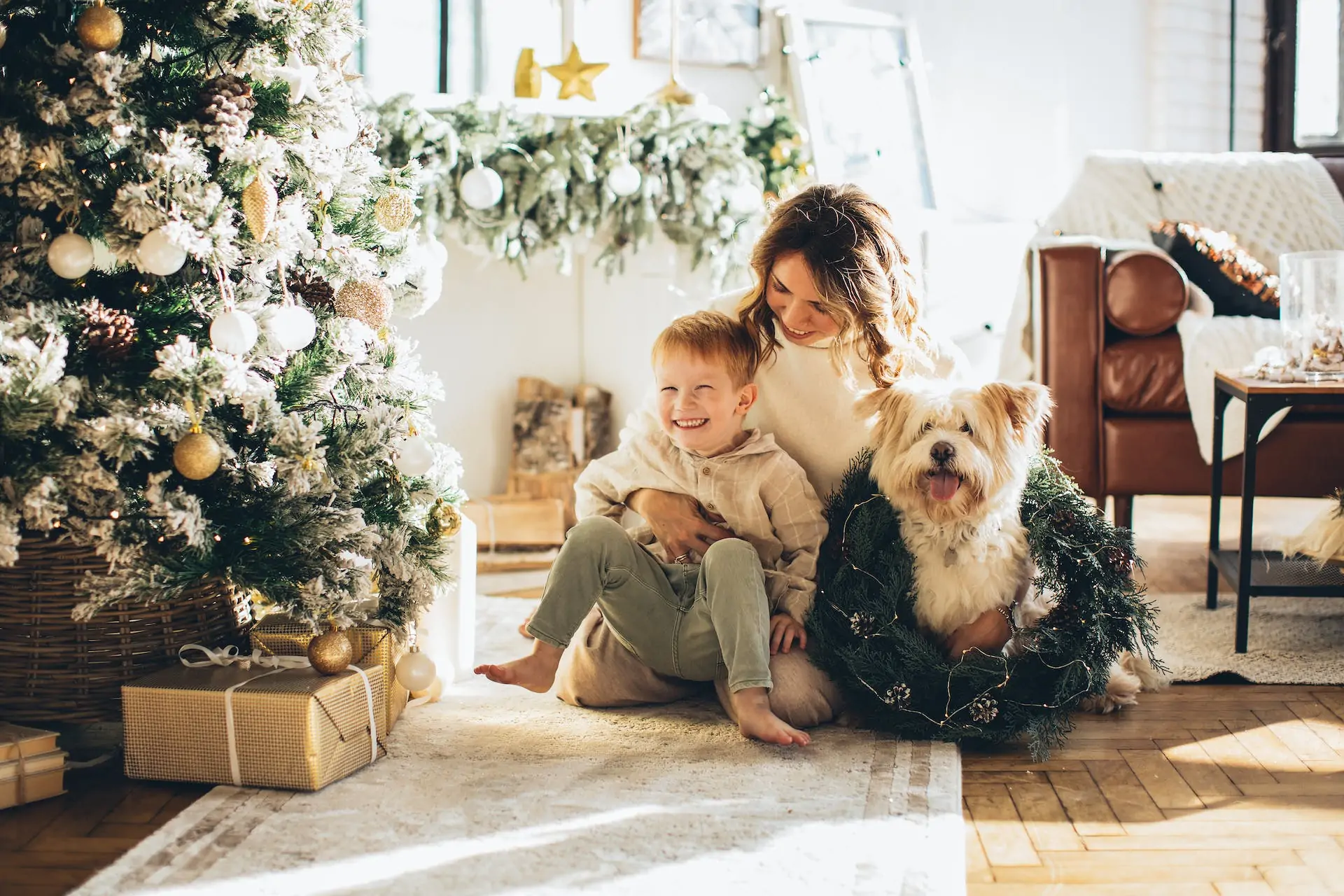 Mum and son at christmas smiling.